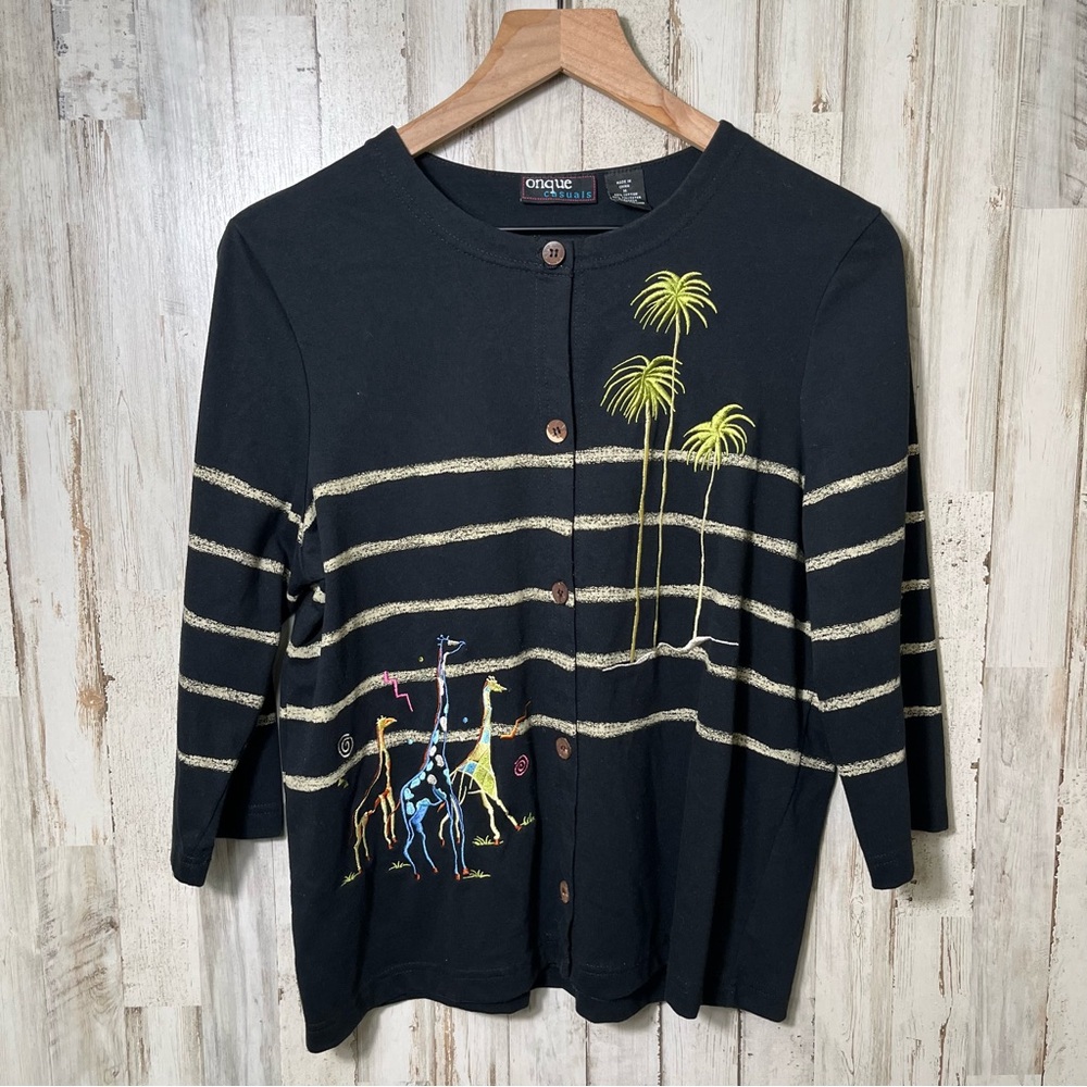 Vintage 90s Onque Black‎ Button Cardigan Giraffe Palm Tree Striped Womens Medium